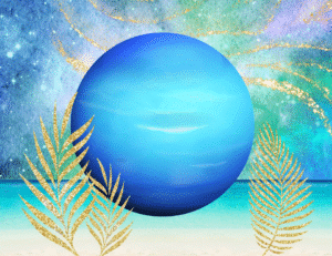 Neptune as a big blue ball with the clear blue sea in the background and gold leaves and other detail surrounding everything