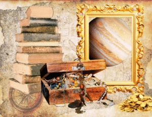 a collage of books, treasure, and maps on an antique map background