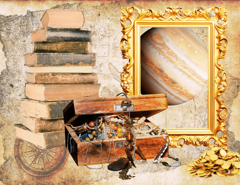a collage of books, treasure, and maps on an antique map background