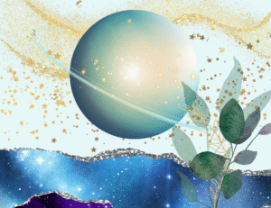 an illustration of planet uranus on a pale green background with lots of small gold stars and green leaves floating around it
