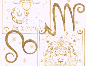 the glyphs of leo and scorpio in gold on a pale pink background