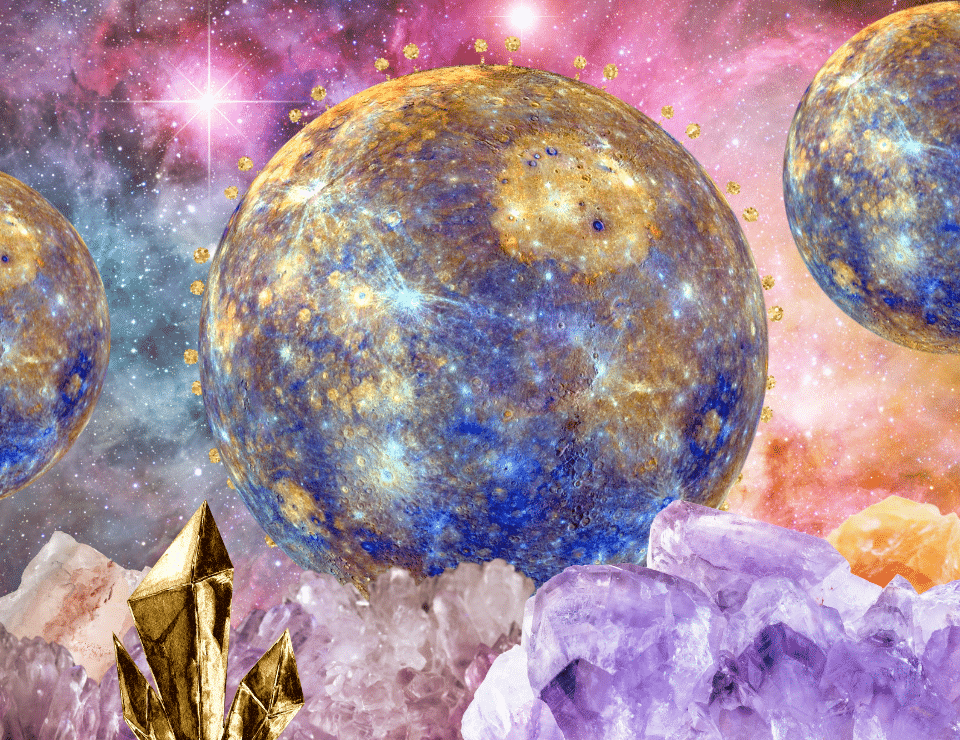 a colorful graphic of planet mercury surrounded by pretty crystals