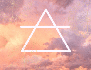 the symbol for the air quality as a triangle with a line through the top half of it on background of fluffy pink clouds