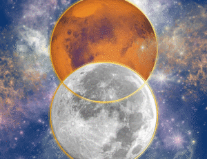 a red mars and a gray moon on a dark blue starry background