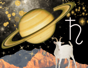 a collage of planet Saturn above some mountains and a goat on a black background with gold stars floating around