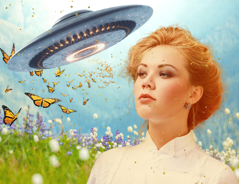 a headshot of a beautiful woman standing in front of a meadow with a flying saucer above her with butterflies emerging from it