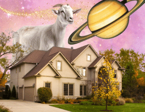 an illustration of planet saturn above a stunning house, all on a pink and orange space background