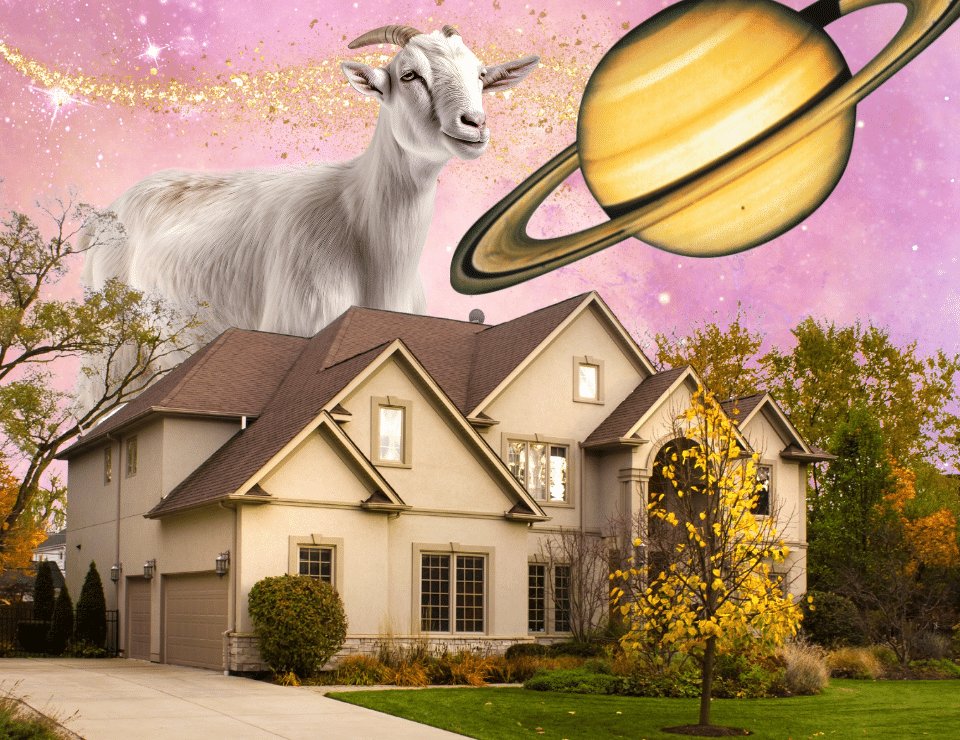 an illustration of planet saturn above a stunning house, all on a pink and orange space background