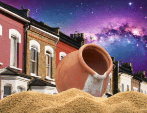 a collage of a water vessel on sand in front of a row of old english houses with a space background
