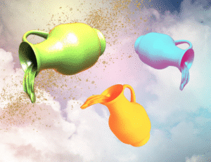 three brightly colored jugs with water pouring out on a colorful cloudy background with a splash of gold paint