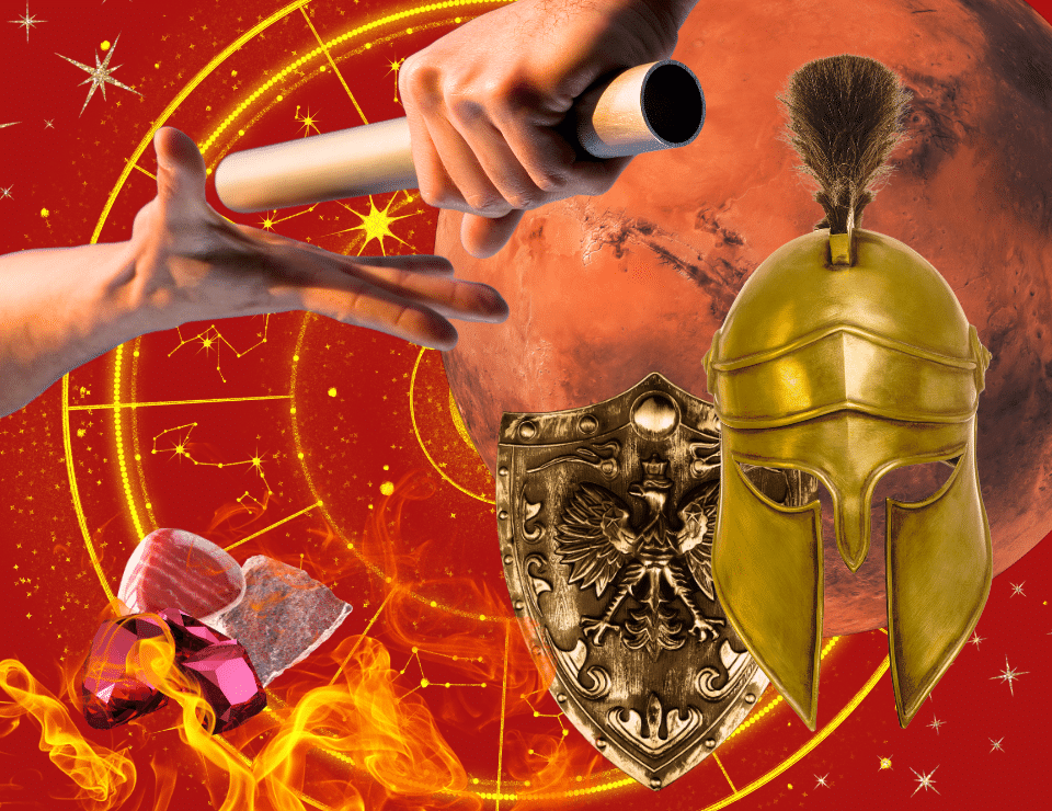 ancient war armour, planet mars and a pile of red crystals on a red background with the zodiac wheel on it
