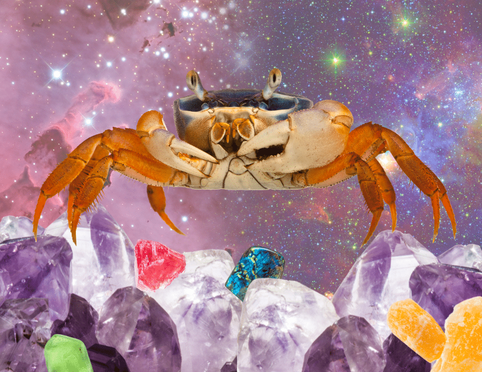 a crab perched on top of a pile of pretty multi-colored crystals, on a space background
