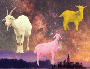 three brightly colored goats on starry night background