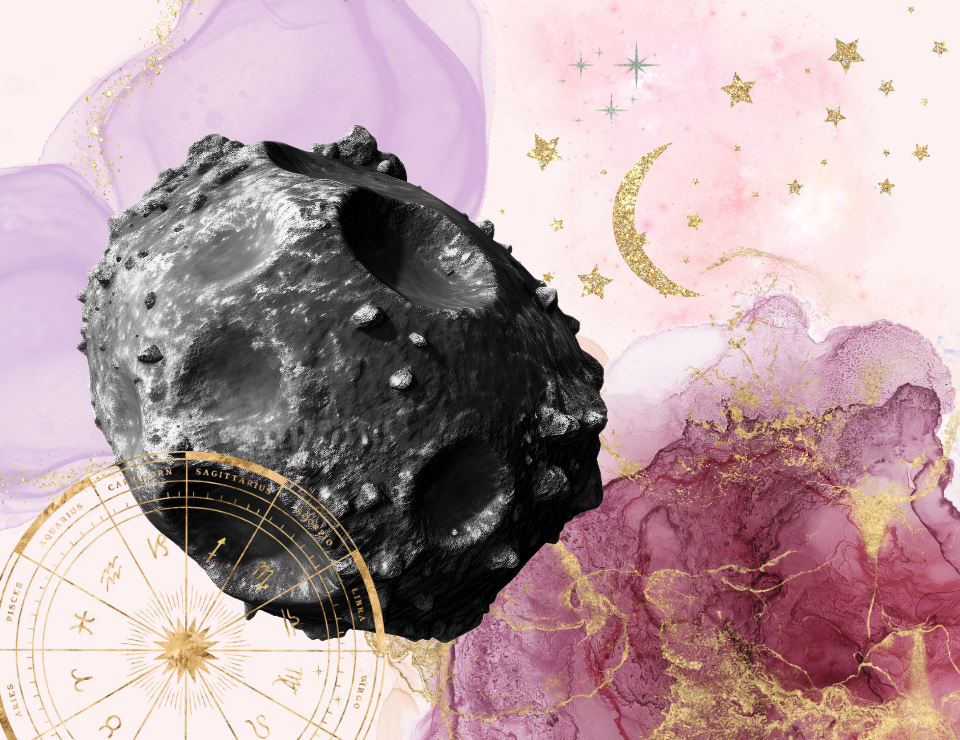a graphic of an asteroid or comet on an ethereal, celestial background