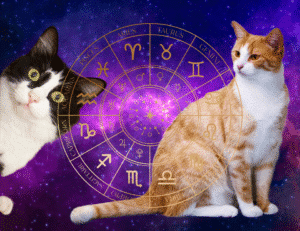 a tuxedo cat and a ginger and white cat sitting in front of a gold zodiac wheel on a space background