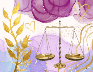 a set of gold colored scales floating on a purple-pink colored background and surrounded by gold patterns and leaves
