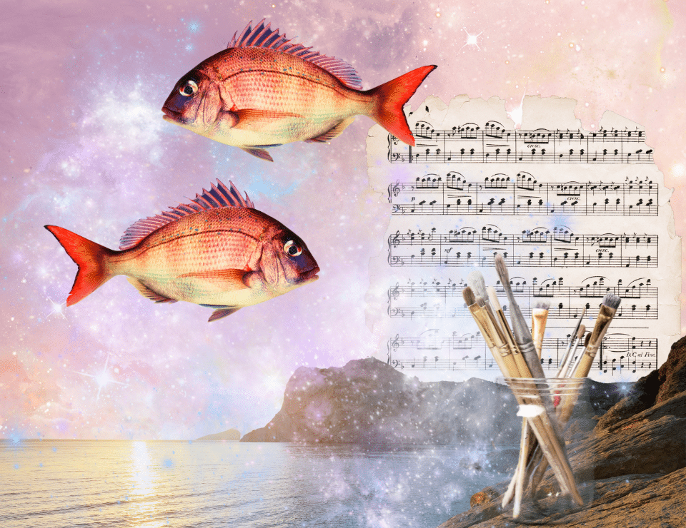 two identical fish facing opposite directions floating in the sky over the sea and next to a set of paintbrushes and a music sheet