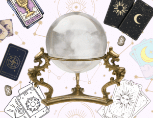 a vintage crystal ball on a pale pink background with includes graphic images of runes and tarot cards