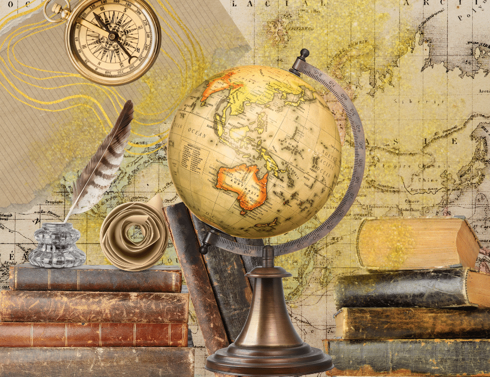 a collage of a vintage globe surrounded stacks of books and an old compass on an antique map background