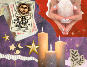 a collage comprising tarot cards, candles, scraps of paper, gold stars and patterns and two hands clasping a clear quartz crystal