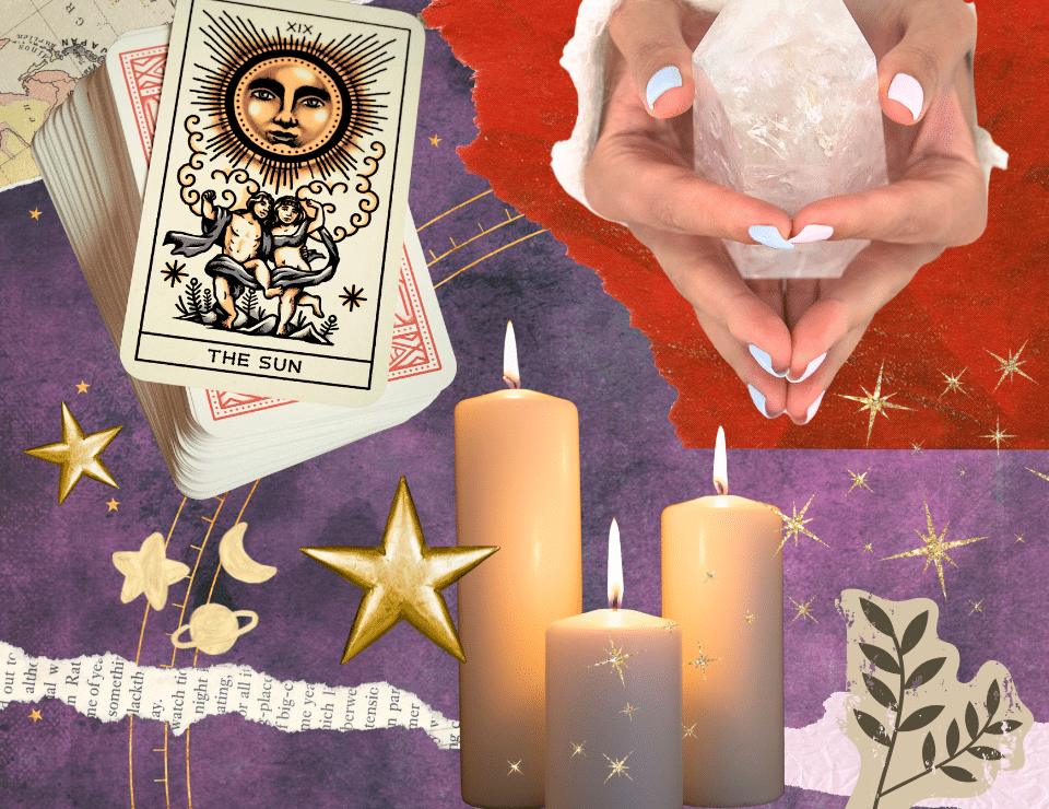 a collage comprising tarot cards, candles, scraps of paper, gold stars and patterns and two hands clasping a clear quartz crystal