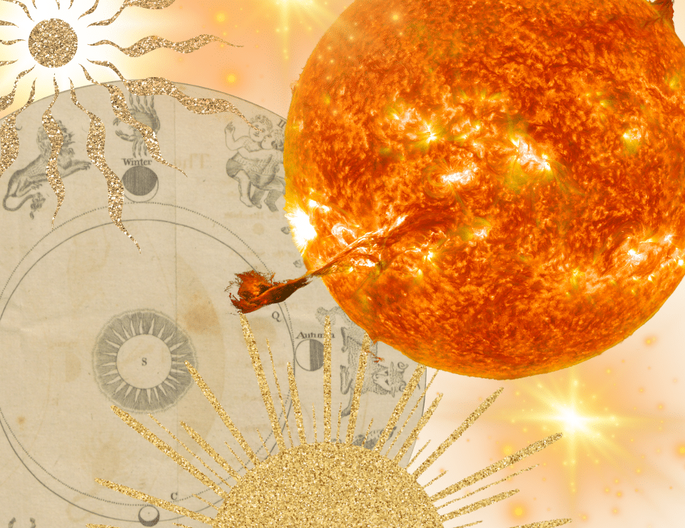 an antique map of the zodiac on a background of fire with a large photo of the sun in the upper right corner