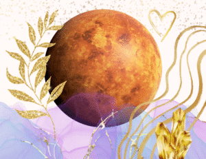 planet venus on a pale peach background with gold colored heart symbols, crystals and leaves dotted around it