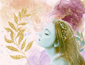 a woman resembling the Virgin on a surreal, pale colored background