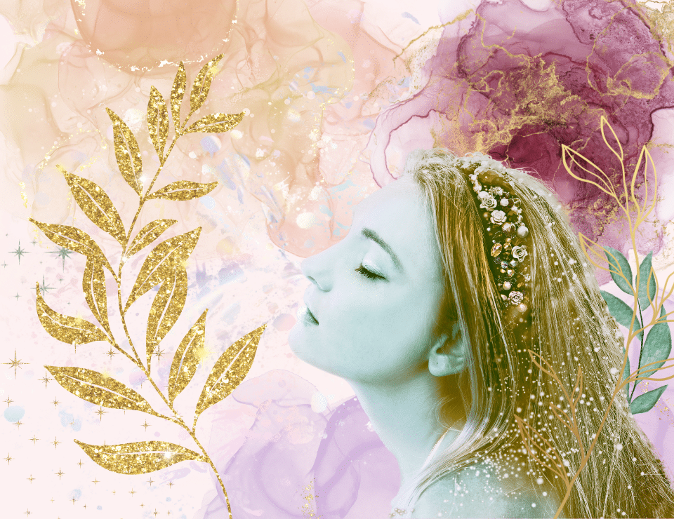 a woman resembling the Virgin on a surreal, pale colored background