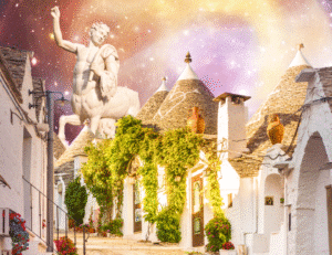a collage of the centaur representing sagittarius on a pink space background with an image of italian houses below