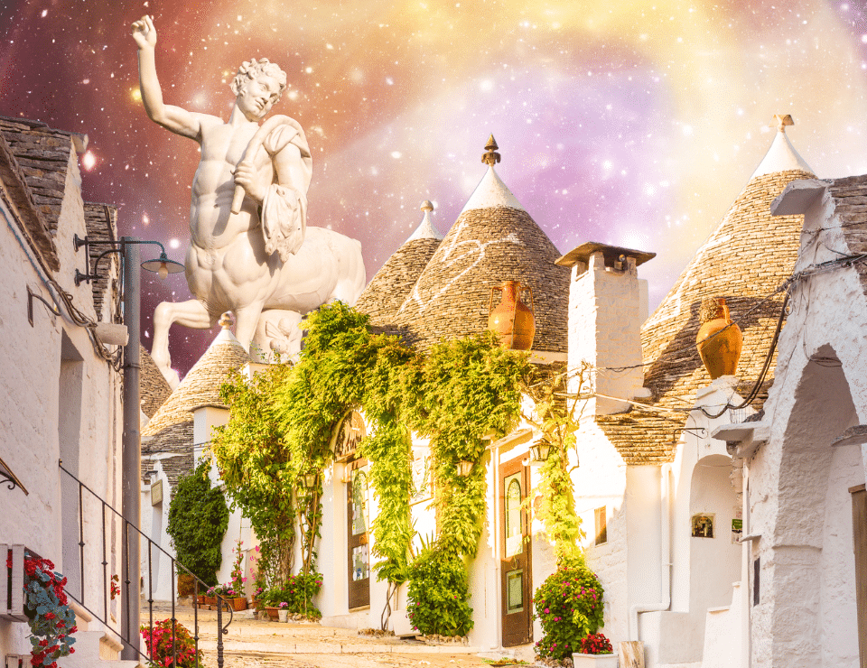 a collage of the centaur representing sagittarius on a pink space background with an image of italian houses below