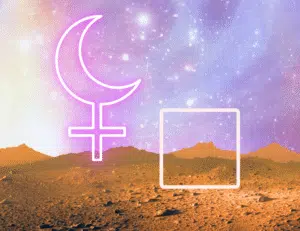 a pink symbol for lilith with a square next to it on arid venusian terrain with a brightly colored space background