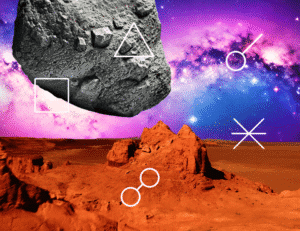 an asteroid surrounded by synastry symbols hovering over martian land with a bright blue nebula background