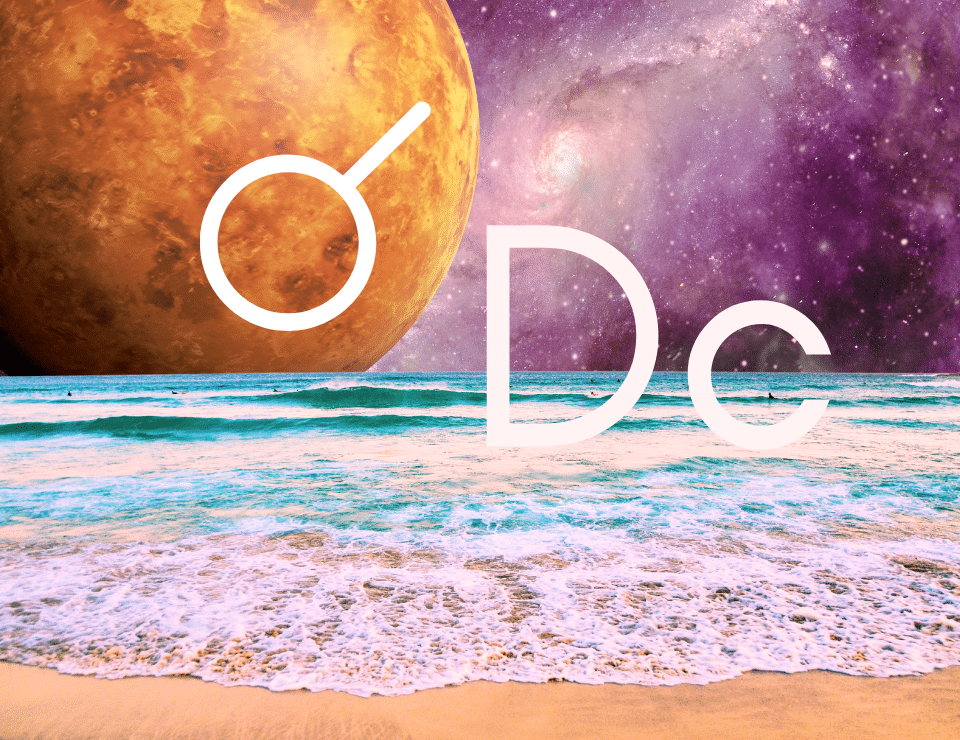 planet Venus over a beach with a space background and a conjuct symbol