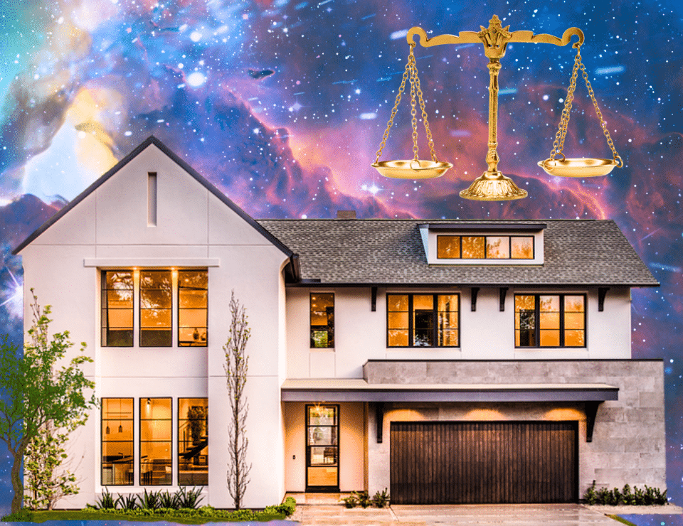 a pair of golden scales symbolizing Libra against a pastel space background and floating right above a luxury home