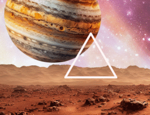 a huge photo of planet jupiter hovering above martian land on a pink nebula background with the symbol for trine imposed on top