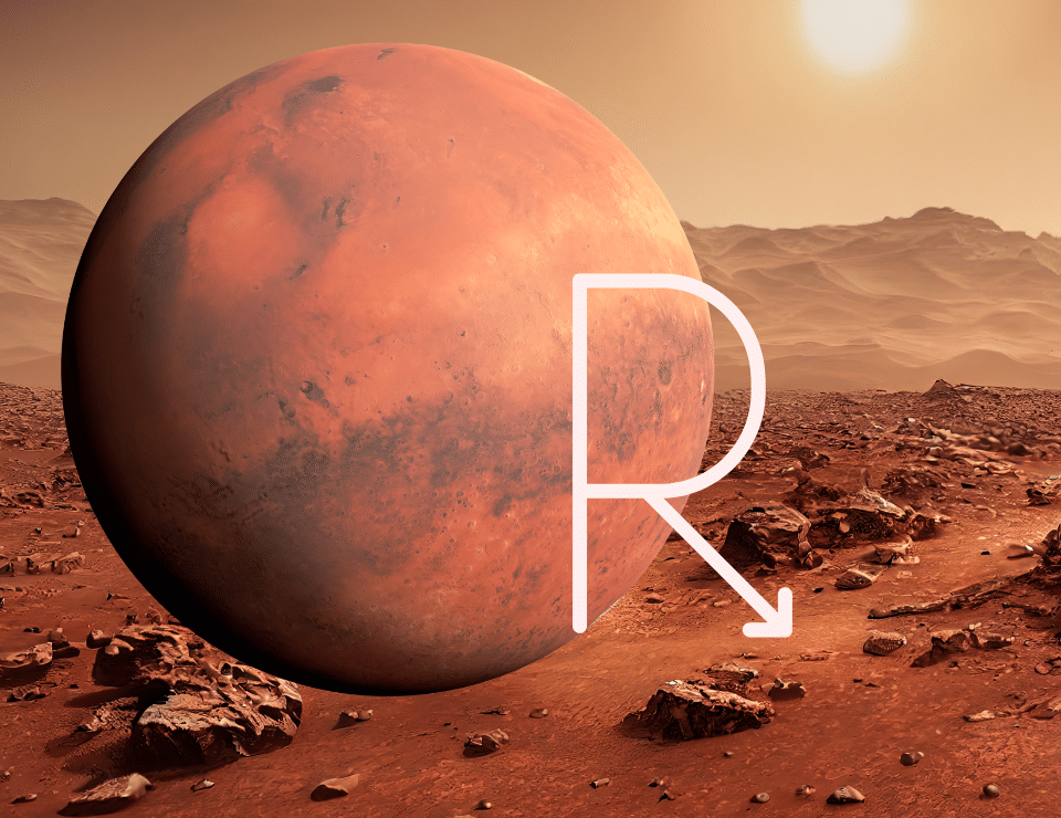 a large image of mars in front of a shot of martian land with the retrograde symbol in front