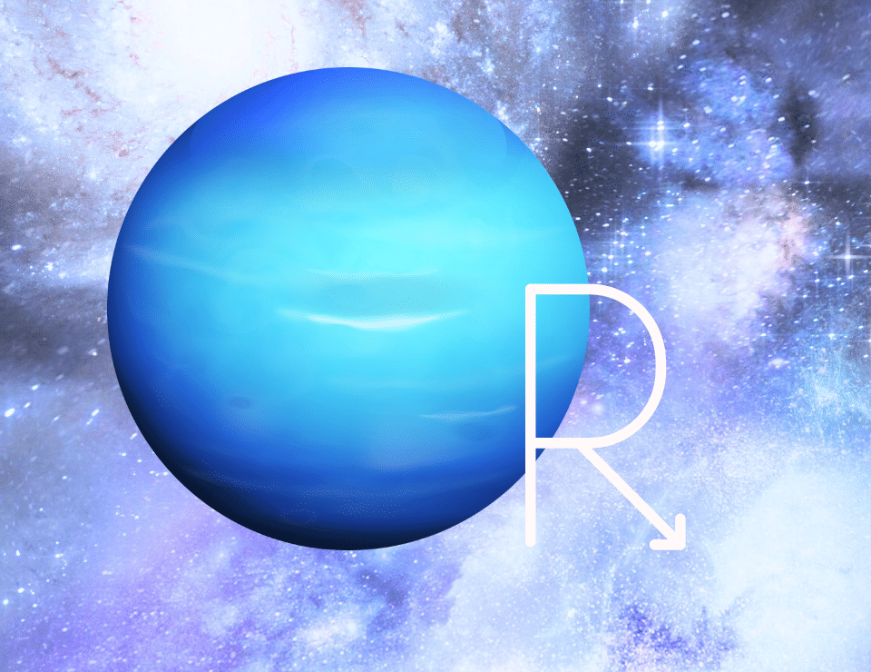 planet neptune on a blue colored space background with the symbol for retrograde in front of it