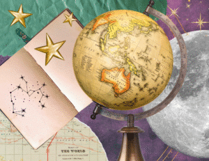 a collage of an old globe, colorful scraps of paper, gold stars and a notebook with the constellation of sagittarius in it