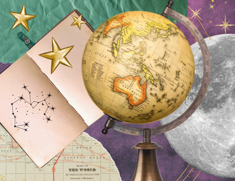 a collage of an old globe, colorful scraps of paper, gold stars and a notebook with the constellation of sagittarius in it