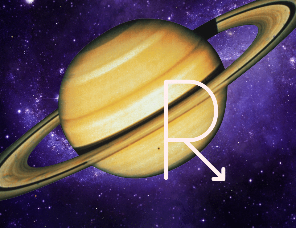 a large photo of planet saturn on a deep space background with the retrograde symbol in front