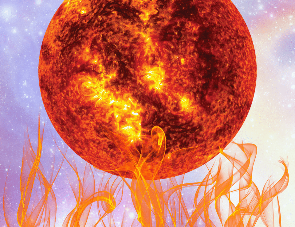 huge image of the sun on top of flames on a bright blue nebula background