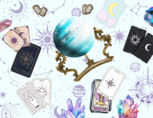planet uranus as a crystal ball surrounded by uranian objects - tarot cards, crystals, and runes
