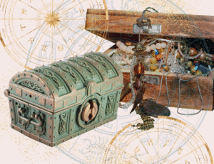 two treasure chests on a beige and gold background