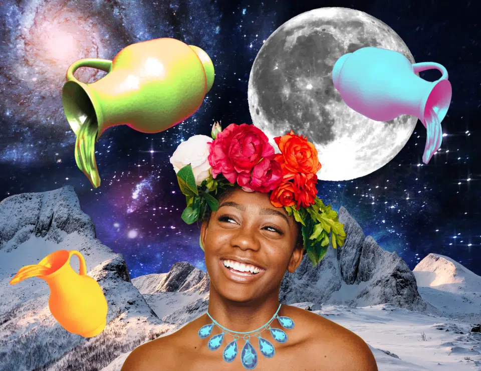 beautiful young woman in space with a huge full moon behind her and three colorful jugs symbolizing aquarius floating around her