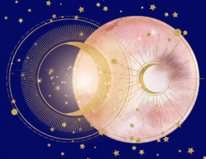 dark navy background with a pink moon surrounded by gold stars and a gold moon