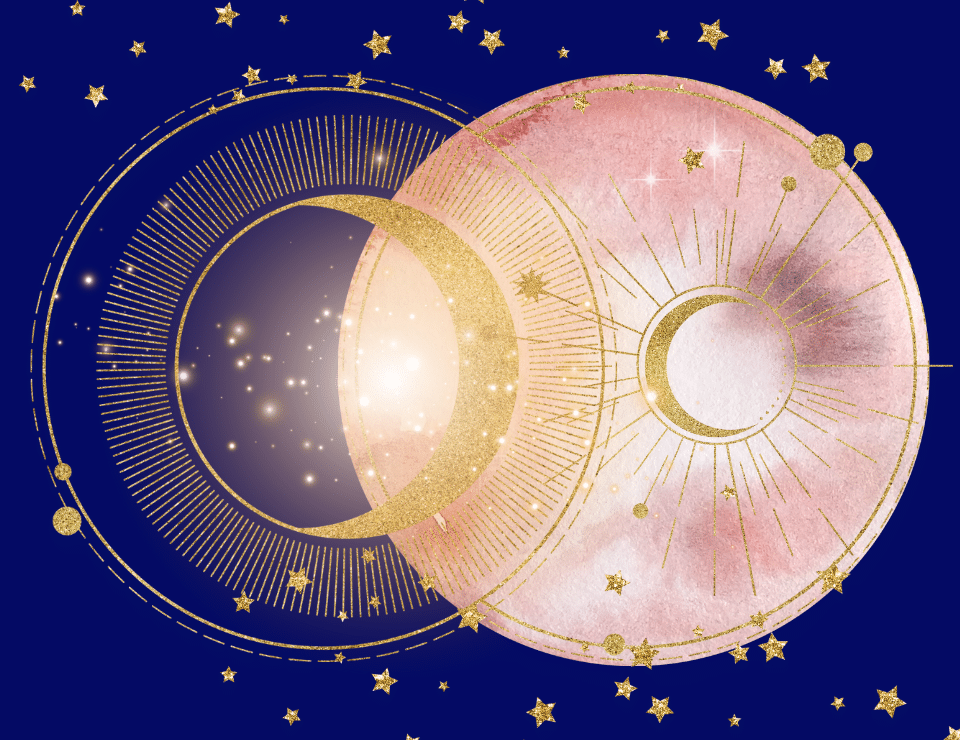 dark navy background with a pink moon surrounded by gold stars and a gold moon
