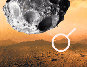 an asteroid hovering just above the terrain of planet venus with a conjunct symbol imposed over them