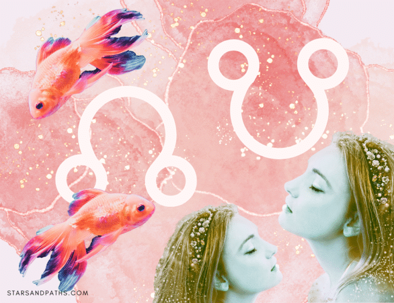two fish and two woman representing the signs pisces and virgo on a pink marble background