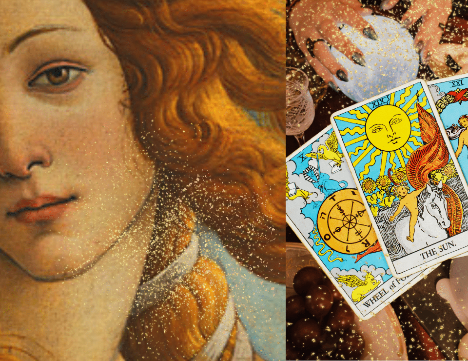 a painting of a beautiful woman with an overlay of tarot cards and a crystal ball